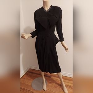 Vtg 1930-40's Crepe dress hip flounce Rhinestone Collar